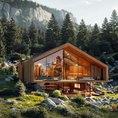 an artist's rendering of a modern cabin in the middle of trees and rocks