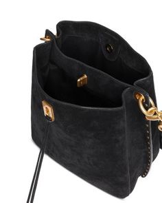 Rebecca Minkoff Darren Leather Shoulder Bag Black Bucket Bag With Top Handle And Metal Hardware, Black Bucket Bag With Gold-tone Hardware For Business, Black Business Bucket Bag With Gold-tone Hardware, Black Pouch Shoulder Bag With Metal Hardware, Black Shoulder Bag Pouch With Metal Hardware, Online Bags, Rebecca Minkoff Hobo, Rebecca Minkoff, Black Suede