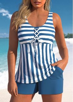 Color:Blue;Size:1X;Size:2X;Size:3X;Bra Style:Padded;Support:Wire Free;Pad Style:Removable;Strap Style:Unadjustable;Package Contents:1 X Top , 1 X Shorts;Occasion:Sport; Modlily Swimwear, Beach Dresses Casual, Blue Tankini, Striped Tankini, Casual Dresses Plus Size, Trendy Swimsuits, Bridesmaid Dresses Plus Size, Tankini Set, Plus Size Swimwear