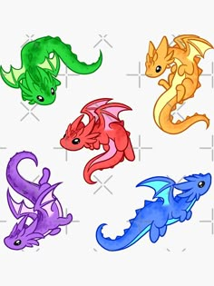 four different colored dragon heads are shown