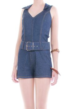 1990s does 70s vintage dark blue stretch denim romper with a chunky wide adjustable belt, wide-set collar, short length and slimming lines. Zips up the front. Unlined. Appears completely unworn! https://www.kcovintage.com https://www.kcovintage.etsy.com • designer: timing usa • era: 1990s • origin: usa • fabric: cotton spandex blend denim • color: dark blue • care: gently hand wash in cold water, hang up to air dry away from sunlight • condition: like new without tags * all measurements taken wh Passion Ideas, Belt Wide, Denim Romper, Denim Color, Dark Wear, Vintage Belts, 70s Vintage, Adjustable Belt, Colored Denim