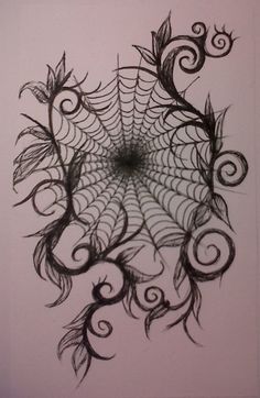 a drawing of a spider web with leaves and swirls on the bottom half of it