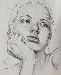 a pencil drawing of a woman with her hand on her chin, looking to the side