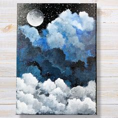 an acrylic painting of the night sky with clouds and a full moon above it