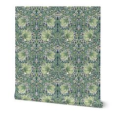 a green and white wallpaper pattern with leaves on the bottom, in an ornate manner