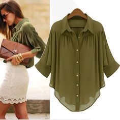 I love this style shirt. Army Green Blouse, Outfit Essentials, White Lace Skirt, Chiffon Fashion, Bohol, Womens Business Casual, Business Casual Dresses, Shirt Dress Casual, Chiffon Shirt