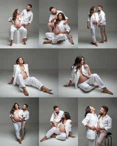 multiple shots of a pregnant couple posing for pictures in white outfits and holding each other's belly