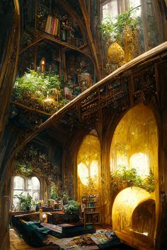 an artistic painting of a library with plants growing on the bookshelves and shelves full of books