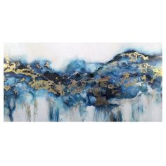 an abstract painting with gold and blue colors