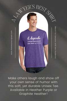 a man wearing a purple t - shirt with the words, make others laugh and show off