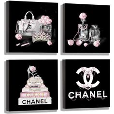 four chanel canvases with pink flowers on them