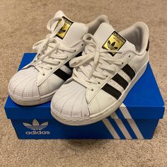 Size 3 Kids. Will Fit Woman’s 5-5.5. Worn Gently. Has Never Been Cleaned But Will Clean Right Up With A Magic Eraser. Price Is Firm. Brand New Is 65. Just Looking To Get Rid Of. No Trades. Super Star Adidas, Adidas Super Star, Adidas All Star, Adidas Super, Fit Woman, Magic Eraser, Pinterest Closet, Shoes Adidas, Super Star