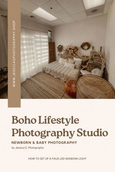 the cover of boho lifestyle photography studio, featuring an image of a bed and wicker furniture