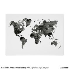 a black and white world map with watercolor stains on the edges, in front of a white background