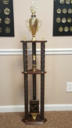 a trophy stands on top of a shelf in front of two framed pictures and plaques