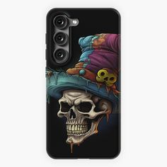 a phone case with a skull wearing a hat on it's head and two skulls in