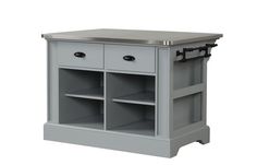 a small gray cabinet with two drawers on one side and an open drawer on the other