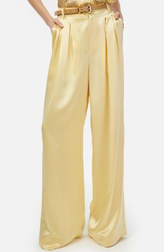 Enrich your ensembles with these luxuriously soft and silky wide-leg pants with flowy pleats. Zip fly with button-tab closure Back elastic waist Front slant pockets 73% acetate, 27% polyester Dry clean Imported Elegant Wide Leg Rayon Pants, Elegant Wide-leg Rayon Bottoms, Elegant Rayon Wide-leg Pants, Chic Silk Wide-leg Bottoms, Chic Silk Wide-leg Pants, Viscose Wide-leg Pants For Formal Occasions, Formal Viscose Wide-leg Pants, Pleated Satin Bottoms For Summer, Summer Formal Pleated Wide Leg Pants