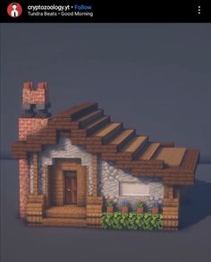 an image of a small house made out of wood and bricks with plants growing on the roof