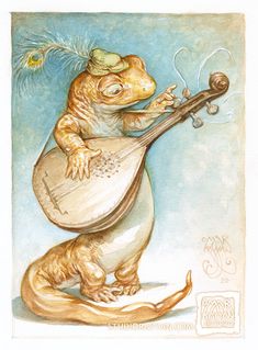 a drawing of a lizard playing a guitar