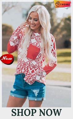 Red Aztec Print Splicing Pocket Long Sleeve Top Red Color Block Long Sleeve Top, Red Long Sleeve Spliced Top, Aztec Print, Long Sleeve Top, Long Sleeve Tops, Sleeve Top, On Sale, Long Sleeve, Free Shipping