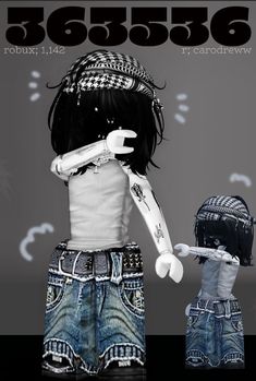 two dolls standing next to each other in front of a gray background with black and white lettering