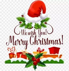 we wish you merry christmas card with santa hat and presents on the table, hd png