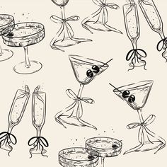 hand drawn cocktail glasses with olives and ribbons