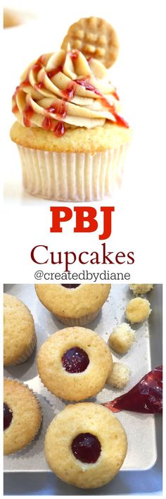 some cupcakes with jelly on them and the words p bj cupcakes