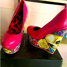 Hot Pink Wedges With Skulls And Roses. Never Worn Bought New. In Original Box. Note: No I Will Not Send Photos To Your Email. That Seems Like A Scam. Hot Pink Wedges, Iron Fist Shoes, Skull Shoes, Pink Wedges, Neon Aesthetic, Skulls And Roses, Iron Fist, Womens Shoes Wedges, Wedge Shoes