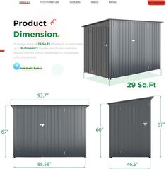 the measurements for an outdoor storage shed are shown in three different sizes and colors, including gray