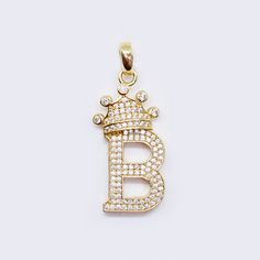 14K Cubic Zirconia B Initial Gold Crown Charm Luxury Cubic Zirconia Jewelry With Initials, Gold Initial Pendant, Engagement Necklaces, Crown Charm, Baby Earrings, Gold Initial, Gold Crown, Gold Stone, Women Diamond