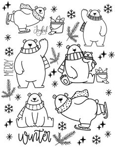 christmas bears and snowflakes with the word winter written in black ink on a white background