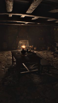 a dark room with a fire place in the middle