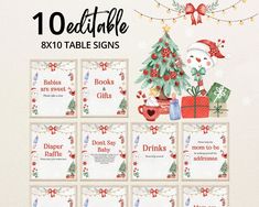 christmas themed table signs with santa clause and presents