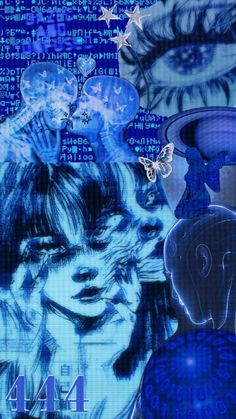 an image of some blue artwork on a wall with words all over it and two faces