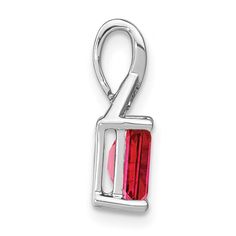 A dazzling rectangle-cut natural ruby gemstone is topped by trios of shimmering diamond accents in this glamorous women's necklace charm, fashioned in 14K white gold. Fine Jewelry With Red Rectangular Stone, Red Emerald-cut Diamond Accented Jewelry, White Gold Ruby Jewelry With Baguette Cut, Red Baguette Cut Lab-created Ruby Jewelry, White Gold Ruby Jewelry In Baguette Cut, White Gold Ruby Jewelry Baguette Cut, Red Baguette-cut Lab-created Ruby Jewelry, White Gold Ruby Baguette Cut Jewelry, Red Rectangular Jewelry With Polished Finish