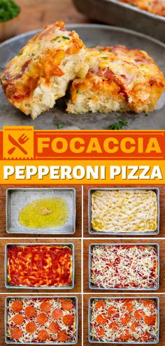 four different types of pizza in pans on a table with text overlay that reads focaccia pepperoni pizza