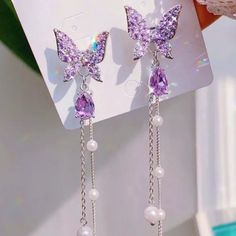 Brand New Purple Butterfly Pearl Dangle Earrings. Long Pearl Earrings, Korean Earrings, Korean Jewelry, Wedding Pendant, Long Tassel Earrings, Purple Pearl, Tassel Drop Earrings, Fancy Jewellery, Rhinestone Wedding