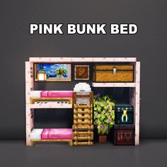 the pink bunk bed is made out of wood and has shelves with items on it