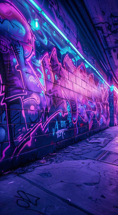 the wall is covered in graffiti and has purple light coming from behind it, along with other grafitti