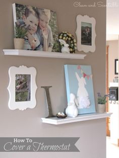 some shelves with pictures and photos on them