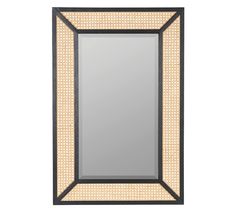 a mirror that is sitting on top of a wall with lights around it and a black frame