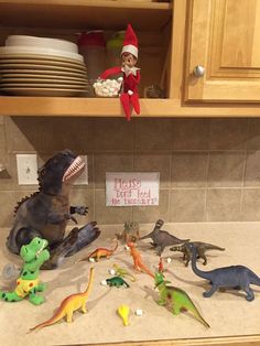 there are many toy dinosaurs on the counter in this kitchen, and one elf is trying to feed them