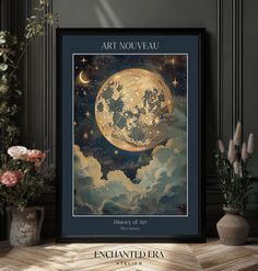 an art nouveau poster with the moon in the sky and stars above it, surrounded by flowers