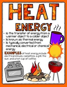 an orange poster with the words heat energy on it and pictures of hot coals