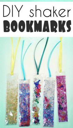 three bookmarks made out of glitter and plastic bags with the words diy shaker books