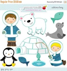 an image of children playing with animals and sea creatures in the ocean clipart set