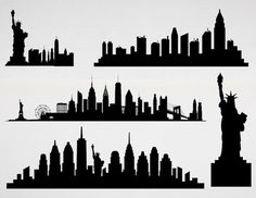 the silhouettes of different cities are shown in black on a white background, including the statue of liberty and new york