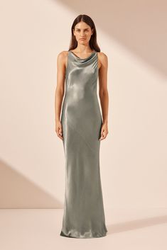 La Lune High Neck Cowl Maxi Dress | Sage | Dresses | Shona Joy Sage Dresses, Asymmetrical Maxi Dress, Dress Sage, Sage Dress, Shona Joy, Maxi Slip Dress, Satin Gown, Satin Slip, Flowy Skirt